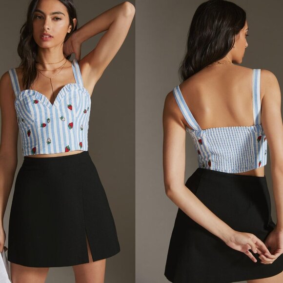 New! Anthropologie Maeve Blue White Striped Embroidered Cami Top 27897 - Picture 1 of 9